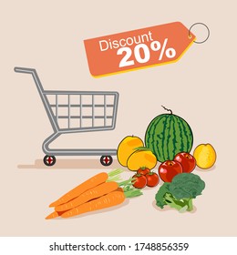 shopping basket icon. Vector illustration of discounted vegetables and fruits