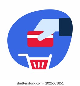 Shopping basket icon. Vector illustration. Plastic bank card emblem. Logo for an online store. For marketplace and aggregator.