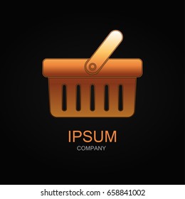 Shopping basket icon. Vector Illustration. Design logo element. Isolated on black background. With golden effect.