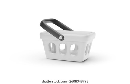 Shopping Basket Icon In White And Black Minimal Style On White Background. Realistic 3D Render With Clean Shadows. Perfect For E-Commerce And Retail Concepts. Vector Illustration.
