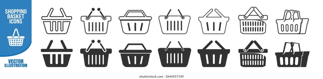 **Shopping basket icons collection. Grocery cart symbols. Market and store buy pictograms. Flat vector illustration on transparent background**
