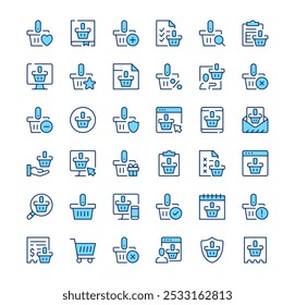 Shopping basket icons. Outline symbols. Vector blue line icons set