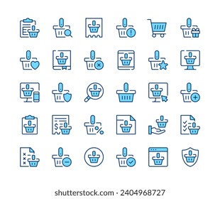 Shopping basket icons set. Vector line icons. Blue color outline stroke symbols. Modern concepts