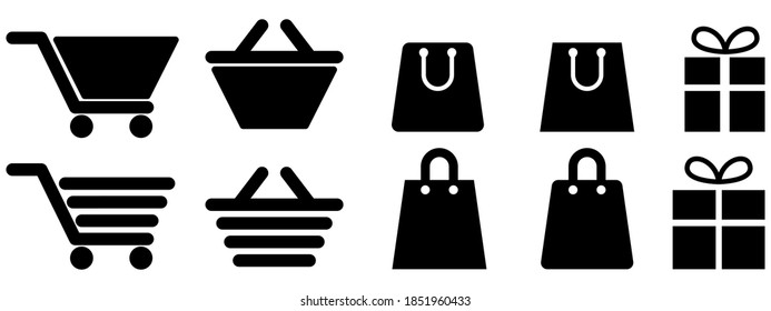 Juego de iconos de la cesta de compras. Iconos Web para el sitio. Ilustración del vector EPS 10