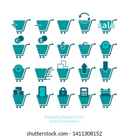 Shopping basket icons vector set for web and print, online shop symbols, in blue and white. 