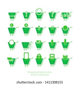 Shopping basket icons vector set for web and print, online shop symbols, in green and white. 