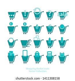 Shopping basket icons vector set for web and print, online shop symbols, in blue and white. 
