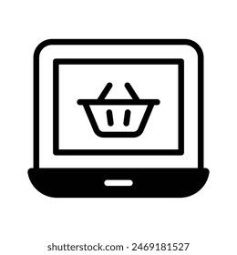 Shopping basket inside laptop denoting concept icon of ecommerce