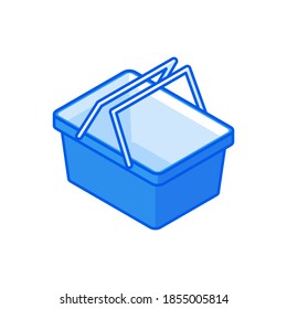 Shopping basket isometric vector. Item for retail in shops and supermarkets. Empty container with two handles for carrying food and picnic. Shopping order and exciting market trips.