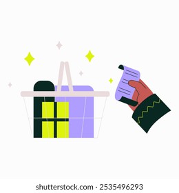 Shopping basket with items and receipt in hand in flat vector illustration symbolizing retail, purchase, and payment, isolated on white background.