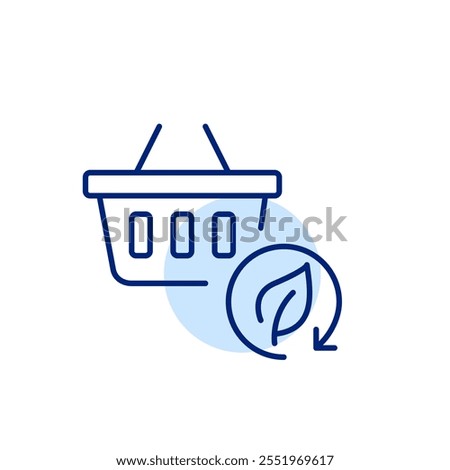 Shopping basket and leaf in renew arrow. Sustainable retail, green market. Pixel perfect, editable stroke icon