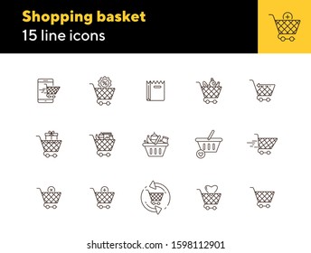 Shopping basket line icon set. Cart, discount, bag, sale isolated outline sign pack. Commerce, internet store concept. Vector illustration symbol elements for web design and apps