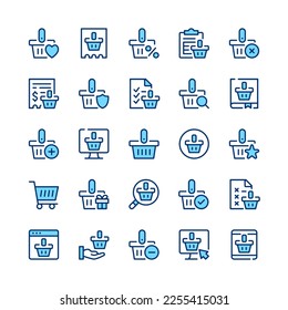 Shopping basket line icons. Set of shopping basket icons. Blue color. Vector line icons set