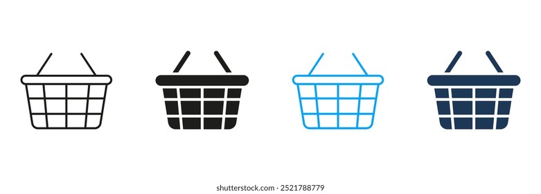 Shopping Basket Line and Silhouette Icon Set. Food Purchase, Retail Sale. Shop Bag Symbol. E Commerce Sign. Supermarket, Grocery Store Pictogram. Editable Stroke. Isolated Vector Illustration.