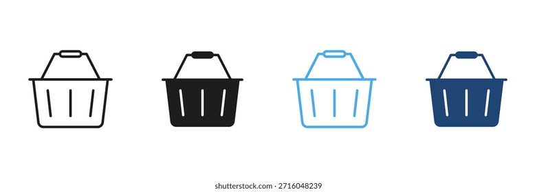 Línea De La Cesta De La Compra Y Conjunto De Iconos Sólidos. Colección De Símbolo De Silueta Y Esquema De Compras Minoristas, De Comercio Electrónico Y De Comestibles. Bienes De Consumo Y Compra En El Mercado. Ilustración vectorial aislada.