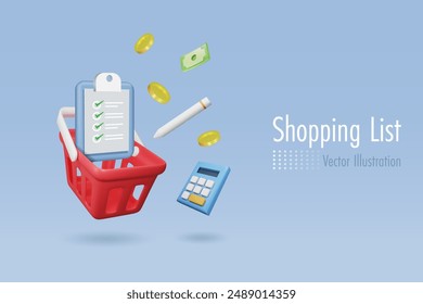 Shopping basket with shopping list and calculator. Money spending with limit budget, cost of living, financial saving and economic inflation. 3D vector.