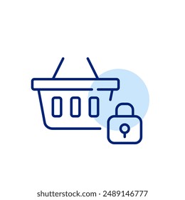 Warenkorb und Schloss. Sicherer E-Commerce, geschützter Einkauf. Pixel perfektes, bearbeitbares Strichsymbol