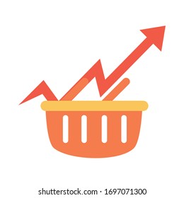 shopping basket market arrow up, rising food prices, flat style icon vector illustration