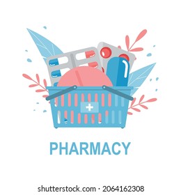Shopping basket with medicines, pills isolated on white background. Online pharmacy. Online medicine. Vector illustration.