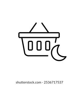 Cesta de compras e lua. Ofertas noturnas, 24 horas de serviço de mercado on-line. Pixel perfeito, ícone de traçado editável