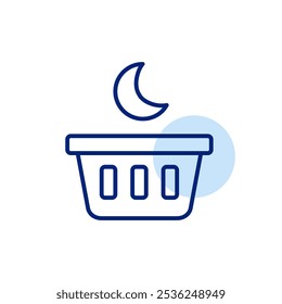 Shopping basket and moon symbol. 24 hours market service, night deals. Pixel perfect vector icon