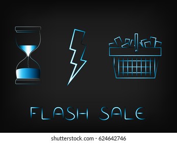 shopping basket next to hourglass and lightning bolt, concept of flash sales (vector with neon effect on mesh background)