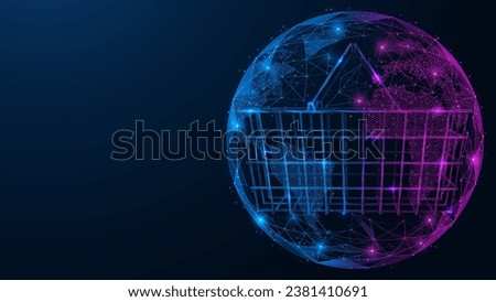 Shopping basket on the background of the globe. Polygonal design of interconnected elements.