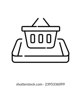 Shopping basket on isometric phone. Online shopping app. Pixel perfect, editable stroke