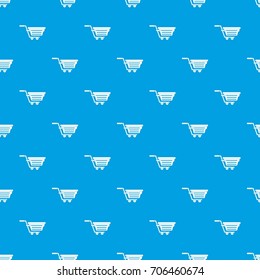 Shopping basket on wheels pattern repeat seamless in blue color for any design. Vector geometric illustration