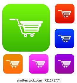 Shopping basket on wheels set icon color in flat style isolated on white. Collection sings vector illustration
