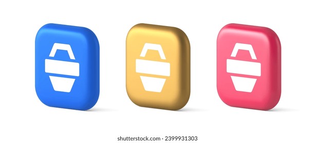Shopping basket online store button commercial market checkout web app design 3d realistic blue gold and pink icons. Shop cart internet market goods choosing sale discount retail
