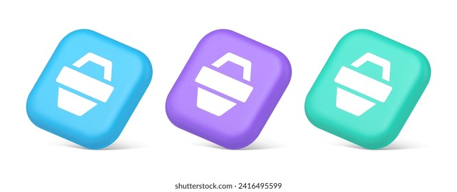 Shopping basket online store button commercial market checkout web app design 3d realistic blue purple and green icons. Shop cart internet market goods choosing sale discount retail