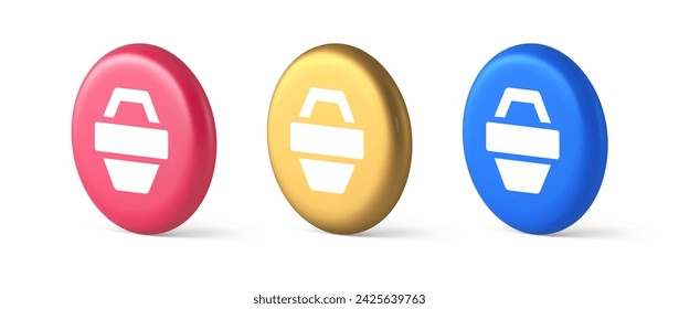 Cesta de la compra botón de la tienda en línea mercado comercial pago diseño de aplicación web 3d iconos realistas de oro azul y rosa. Tienda carrito de compra de bienes de mercado de internet eligiendo venta descuento al por menor