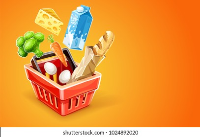 Shopping basket. Organic food sale concept. Goods products falling down into red basket. Milk package, cheese, vegetables broccoli cabbage and carrot, bread baguette in paper packaging, eggs.