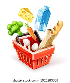 Shopping basket. Organic food sale concept. Goods products falling down into red basket. Milk package, cheese, vegetables broccoli cabbage and carrot, bread baguette in paper packaging, eggs.