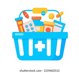 Shopping basket with pills and medicine bottles for pharmacy website online advertisement.