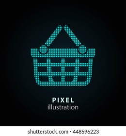 Shopping basket - pixel icon. Vector Illustration. Design logo element. Isolated on black background. It is easy to change to any color.
