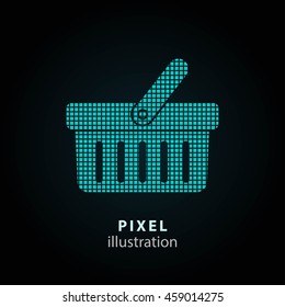 Shopping basket - pixel icon. Vector Illustration. Design logo element. Isolated on black background. It is easy to change to any color.