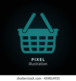 Shopping basket - pixel icon. Vector Illustration. Design logo element. Isolated on black background. It is easy to change to any color.