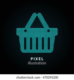 Shopping basket - pixel icon. Vector Illustration. Design logo element. Isolated on black background. It is easy to change to any color.