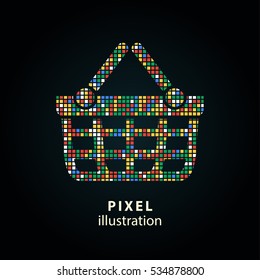 Shopping basket - pixel icon. Vector Illustration. Design logo element. Isolated on black background. It is easy to change to any color.