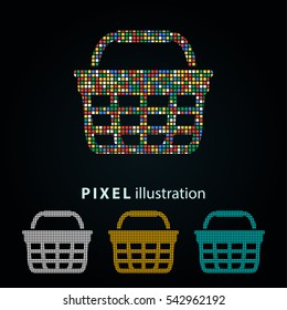 Shopping basket - pixel icon. Vector Illustration. Design logo element. Isolated on black background. It is easy to change to any color.