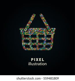 Shopping basket - pixel icon. Vector Illustration. Design logo element. Isolated on black background. It is easy to change to any color.