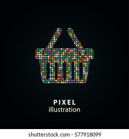 Shopping basket - pixel icon. Vector Illustration. Design logo element. Isolated on black background. It is easy to change to any color.
