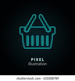 Shopping basket - pixel icon. Vector Illustration. Design logo element. Isolated on black background. It is easy to change to any color.