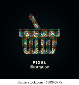Shopping basket - pixel icon. Vector Illustration. Design logo element. Isolated on black background. It is easy to change to any color.