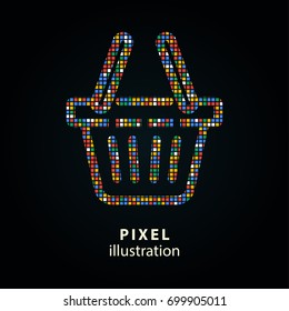 Shopping basket - pixel icon. Vector Illustration. Design logo element. Isolated on black background. It is easy to change to any color.