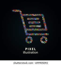 Shopping basket - pixel icon. Vector Illustration. Design logo element. Isolated on black background. It is easy to change to any color.