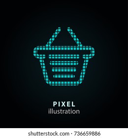 Shopping basket - pixel icon. Vector Illustration. Design logo element. Isolated on black background. It is easy to change to any color.