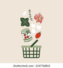 Shopping basket with pizza ingredients. Vintage style textured vector illustration